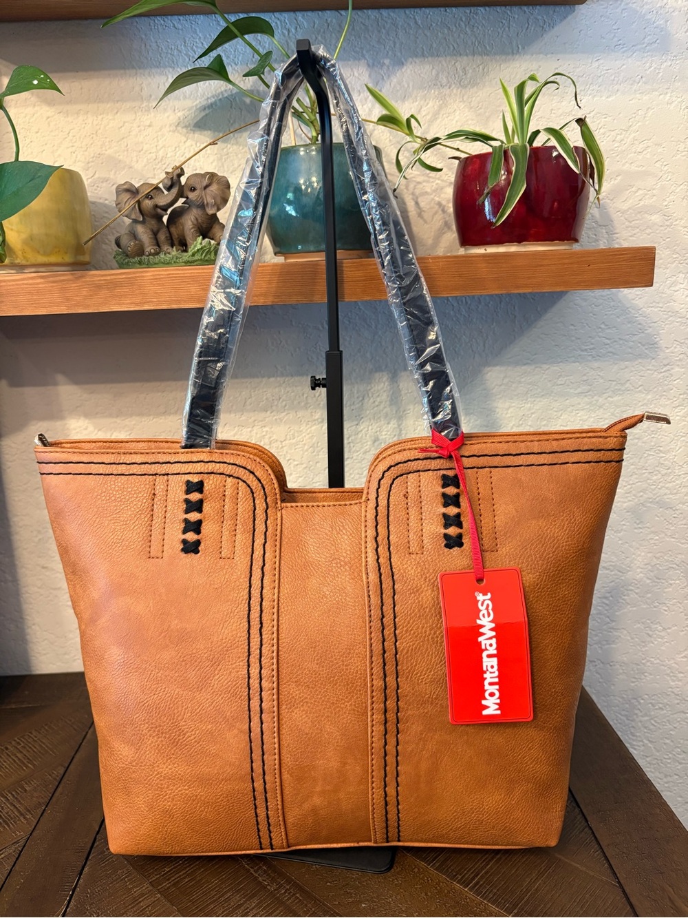 Montana West Cognac/Tan Faux Leather Tote with Black Trim